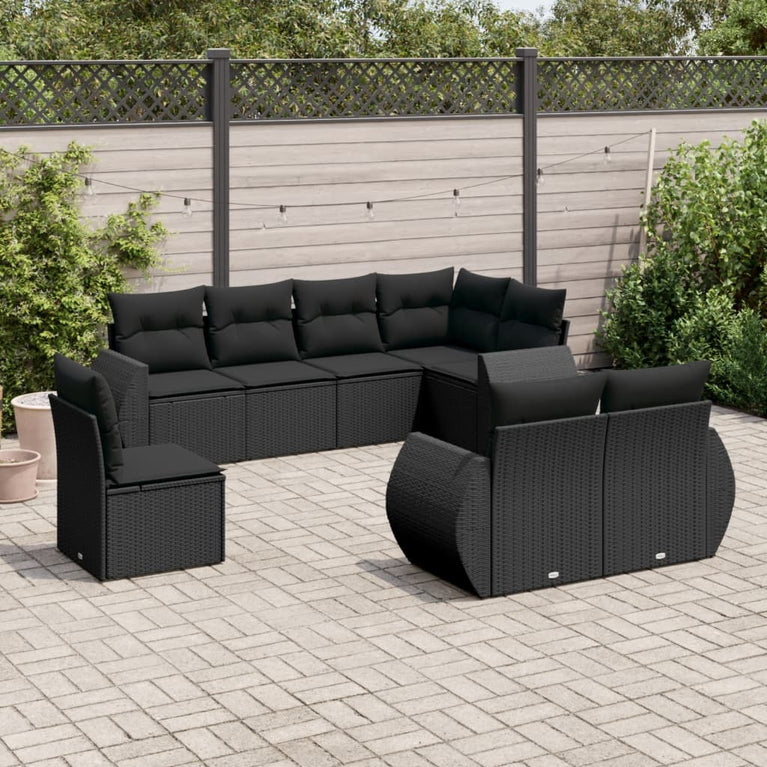 8-delige Loungeset met kussens poly rattan zwart