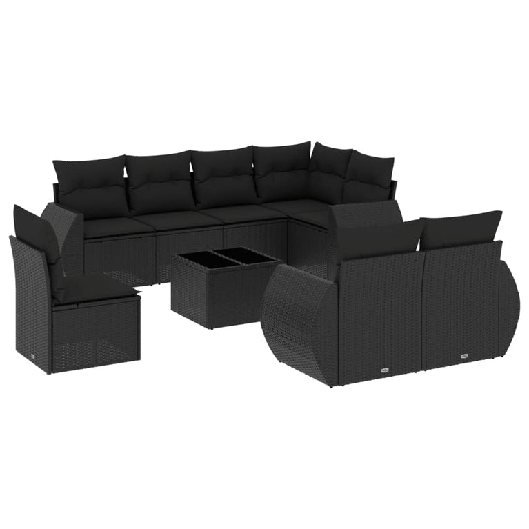 9-delige Loungeset met kussens poly rattan zwart