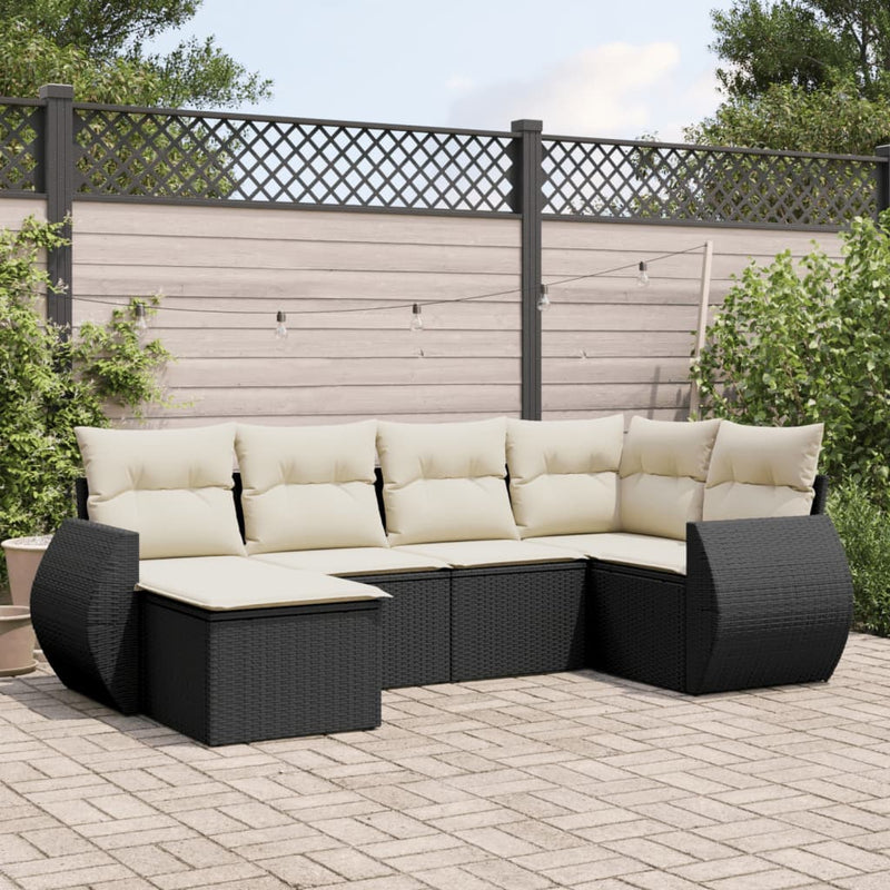 6-delige Loungeset met kussens poly rattan zwart
