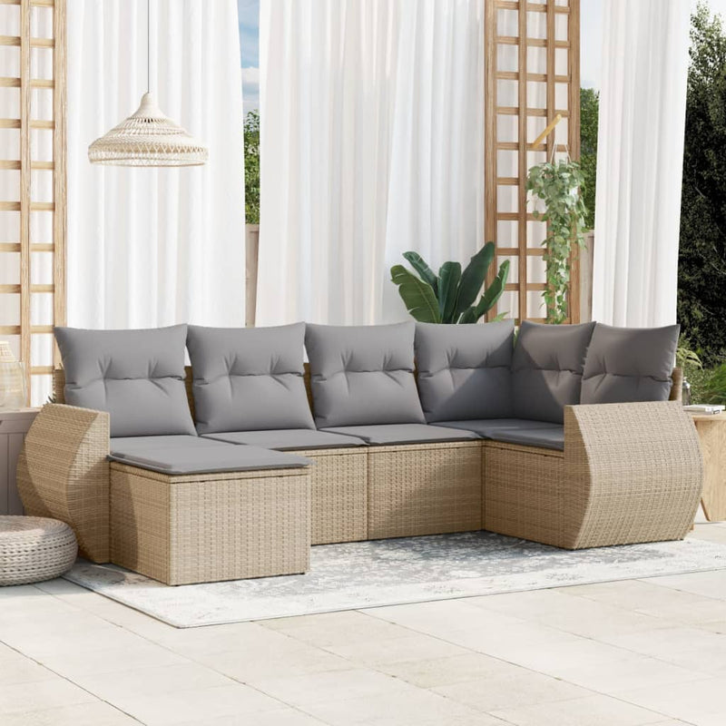 6-delige Loungeset met kussens poly rattan beige