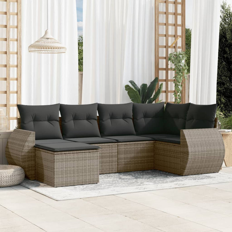 6-delige Loungeset met kussens poly rattan grijs