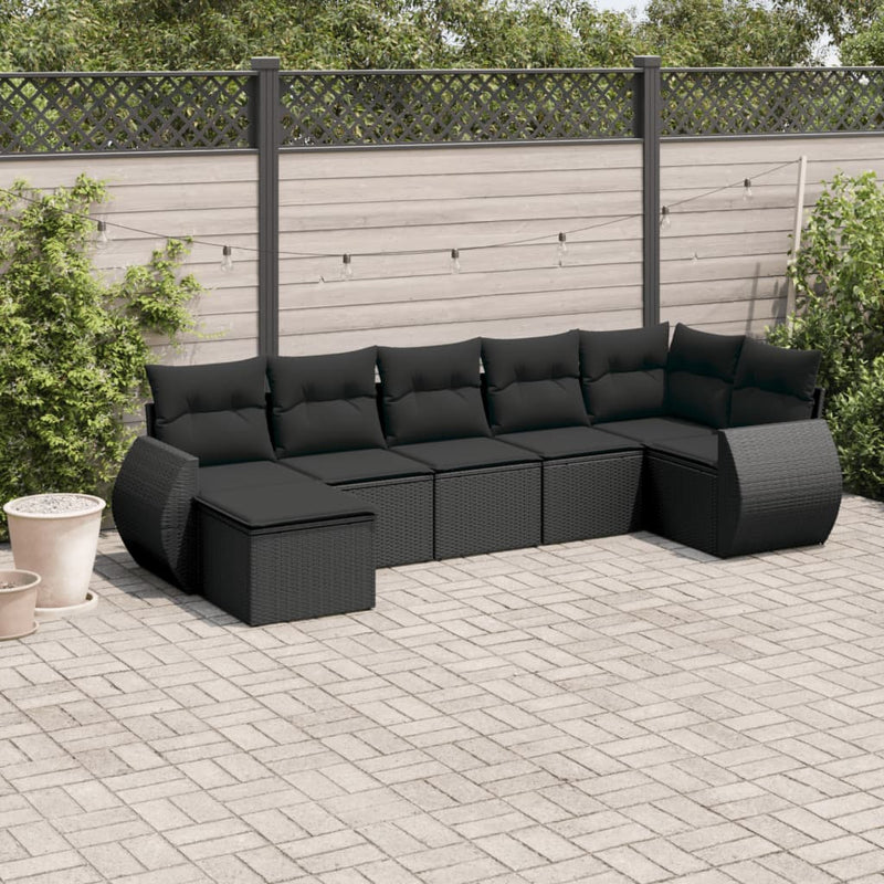 7-delige Loungeset met kussens poly rattan zwart