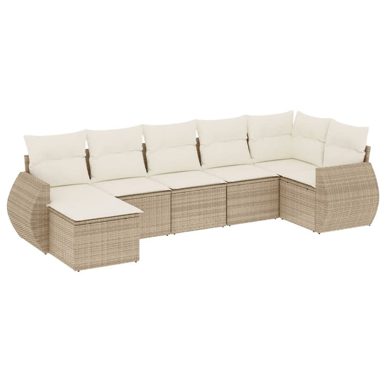 7-delige Loungeset met kussens poly rattan beige
