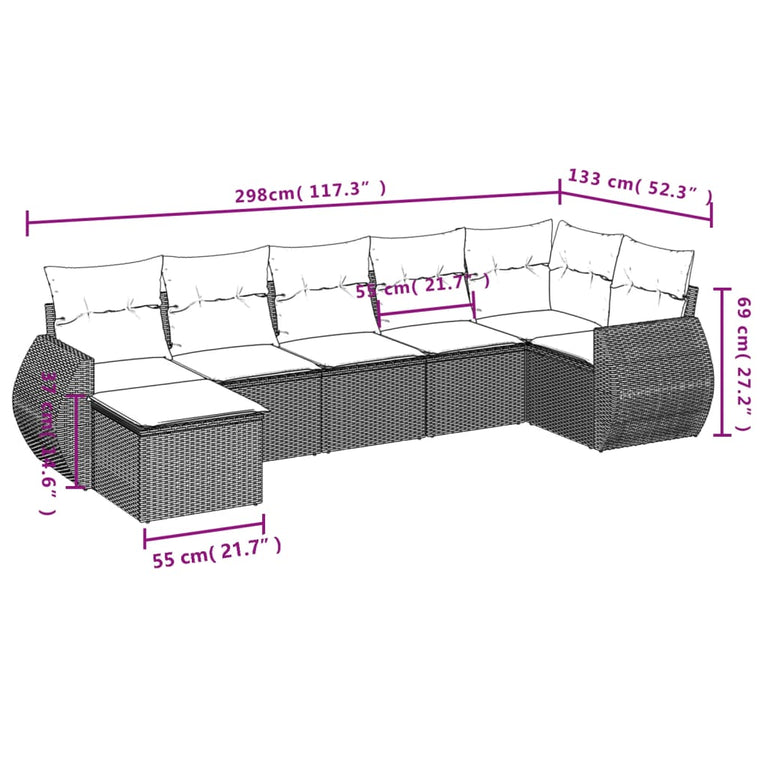 7-delige Loungeset met kussens poly rattan grijs