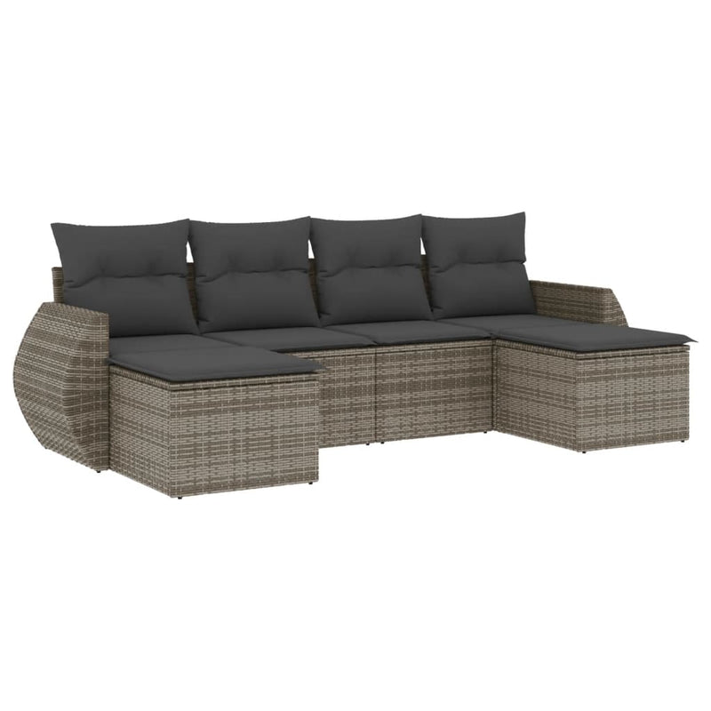 6-delige Loungeset met kussens poly rattan grijs