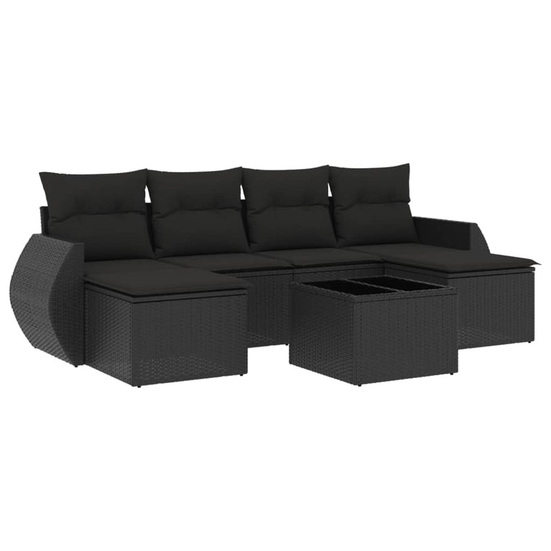 7-delige Loungeset met kussens poly rattan zwart