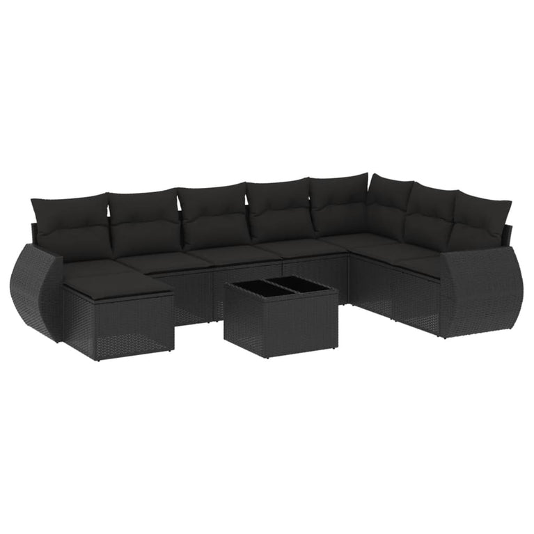9-delige Loungeset met kussens poly rattan zwart