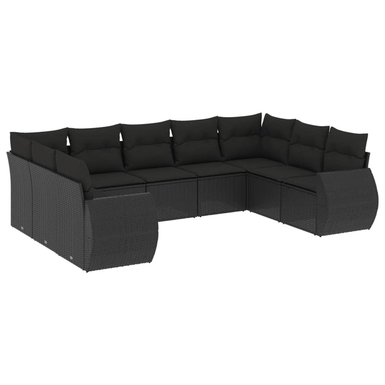9-delige Loungeset met kussens poly rattan zwart