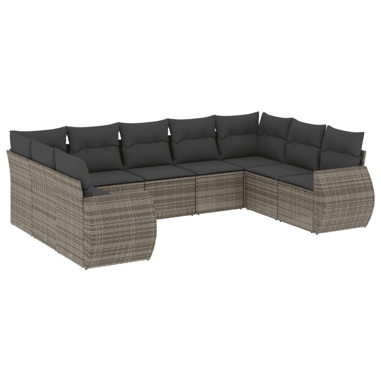 9-delige Loungeset met kussens poly rattan grijs