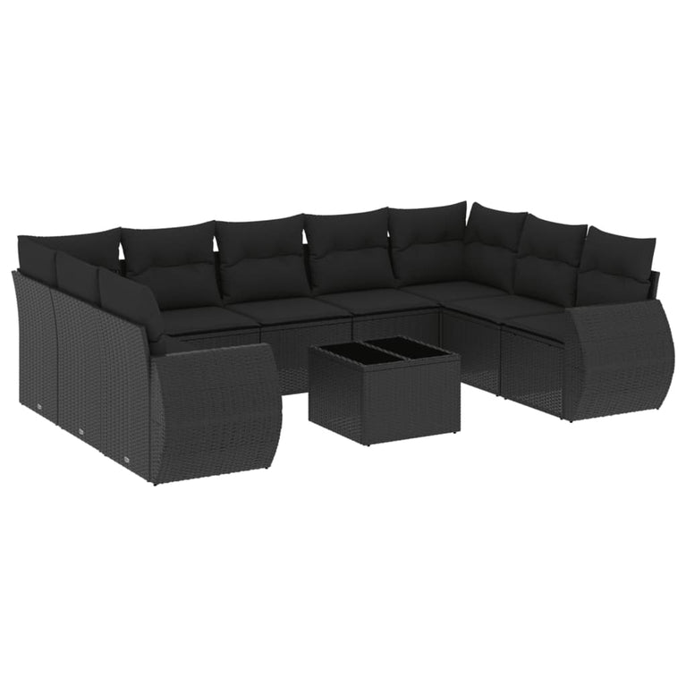 10-delige Loungeset met kussens poly rattan zwart