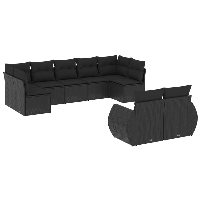 9-delige Loungeset met kussens poly rattan zwart