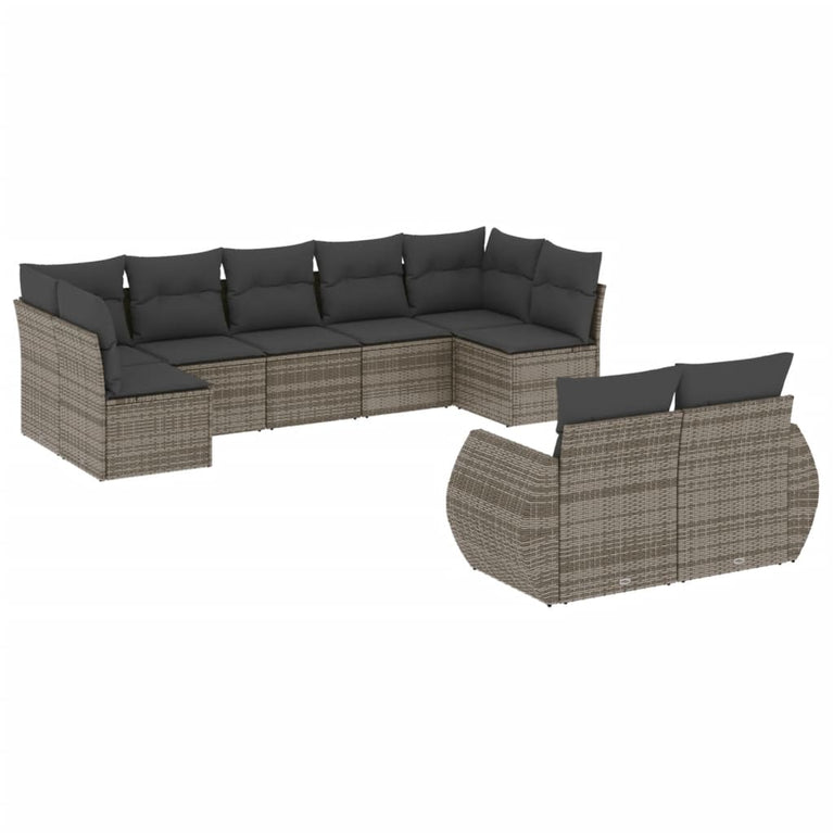 9-delige Loungeset met kussens poly rattan grijs