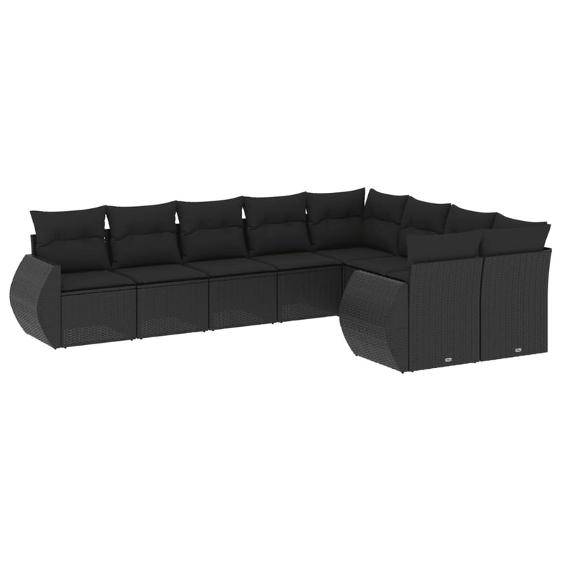 9-delige Loungeset met kussens poly rattan zwart