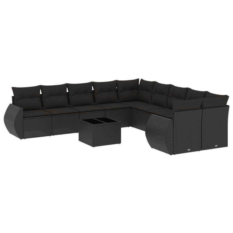 11-delige Loungeset met kussens poly rattan zwart