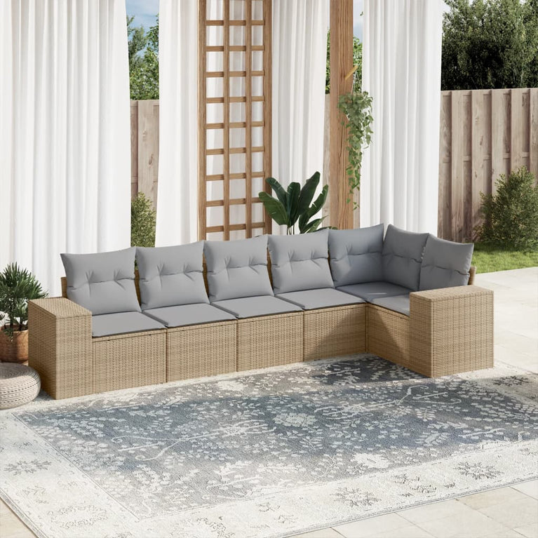 6-delige Loungeset met kussens poly rattan beige