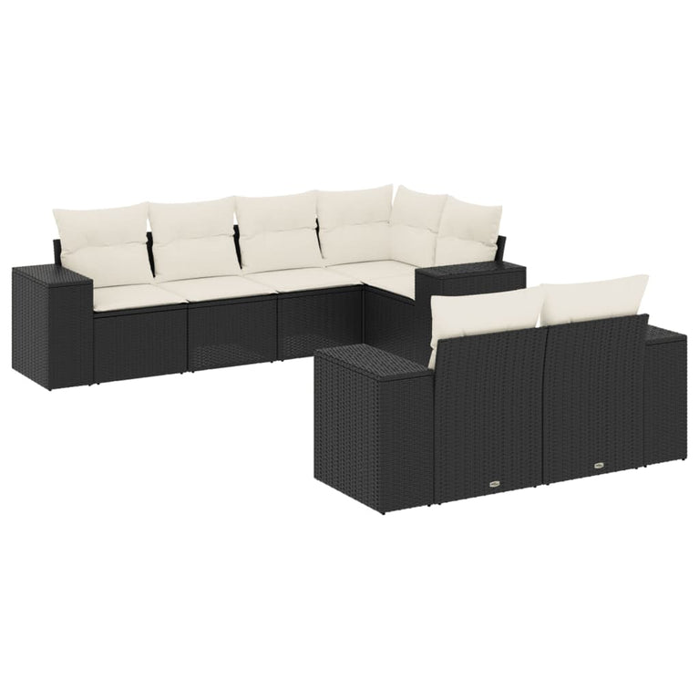 7-delige Loungeset met kussens poly rattan zwart