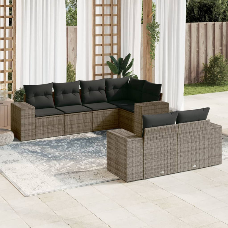 7-delige Loungeset met kussens poly rattan grijs