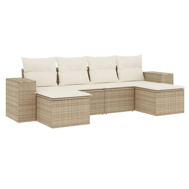 6-delige Loungeset met kussens poly rattan beige