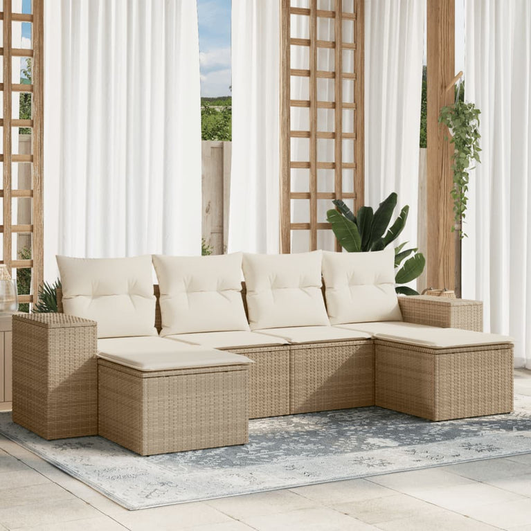 6-delige Loungeset met kussens poly rattan beige