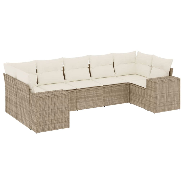 7-delige Loungeset met kussens poly rattan beige