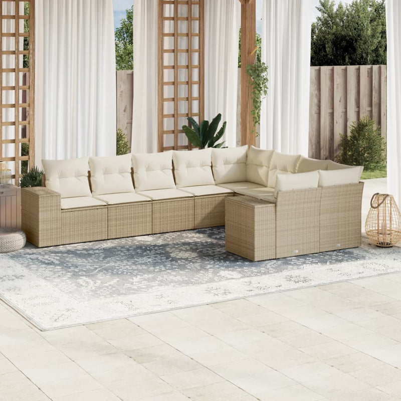 9-delige Loungeset met kussens poly rattan beige