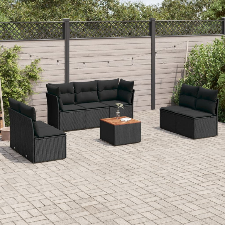 8-delige Loungeset met kussens poly rattan zwart