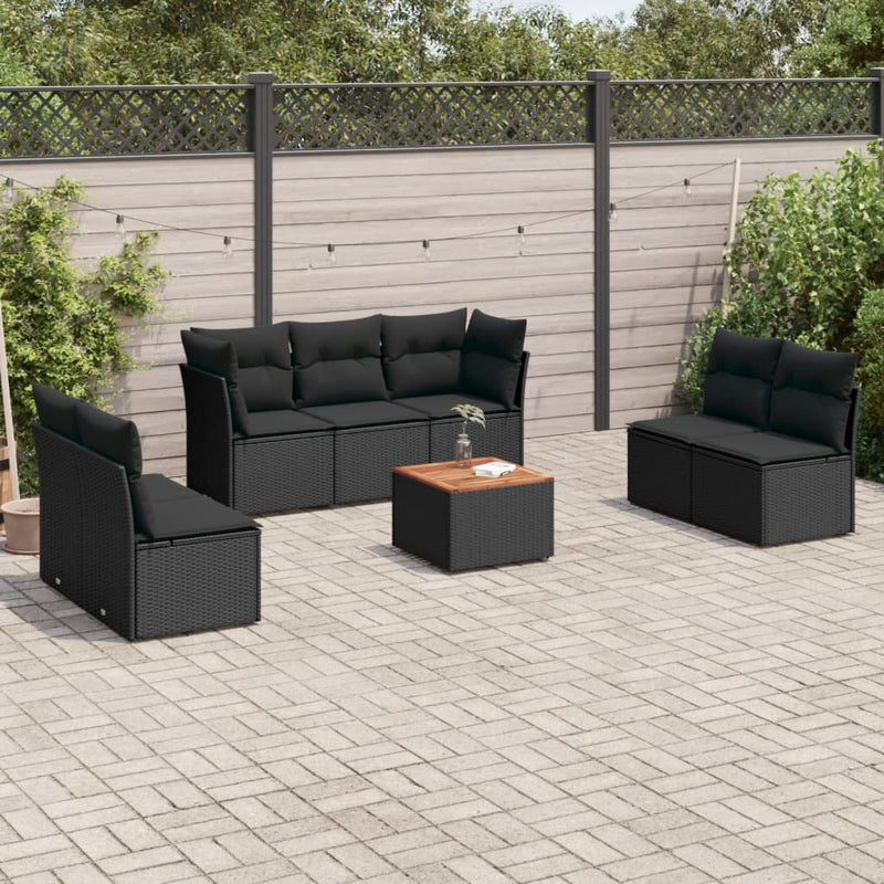 8-delige Loungeset met kussens poly rattan zwart