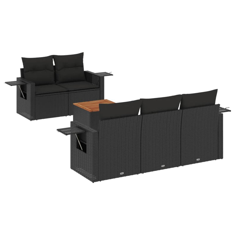 6-delige Loungeset met kussens poly rattan zwart