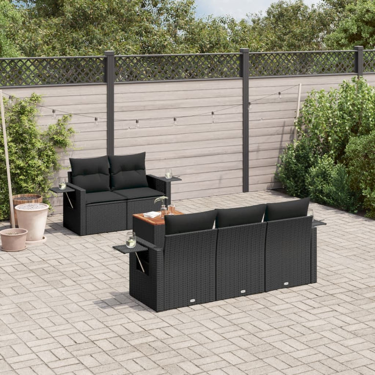 6-delige Loungeset met kussens poly rattan zwart