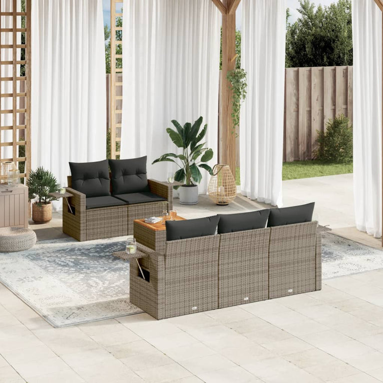 6-delige Loungeset met kussens poly rattan grijs