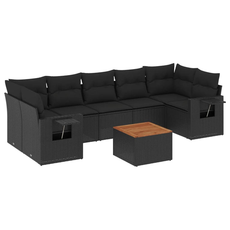 8-delige Loungeset met kussens poly rattan zwart