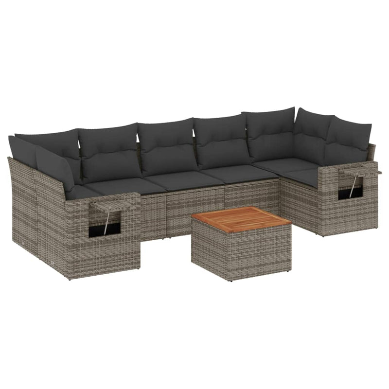 8-delige Loungeset met kussens poly rattan grijs