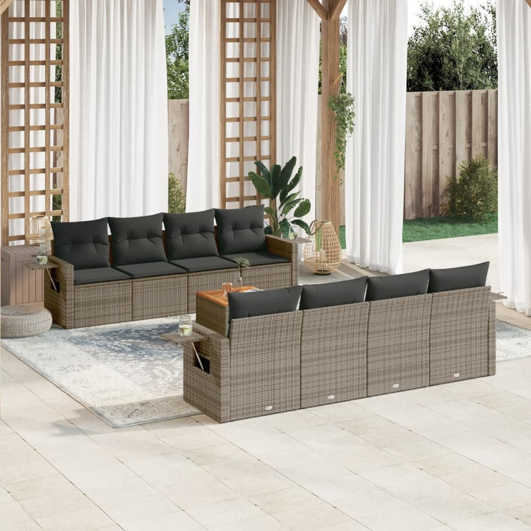 9-delige Loungeset met kussens poly rattan grijs