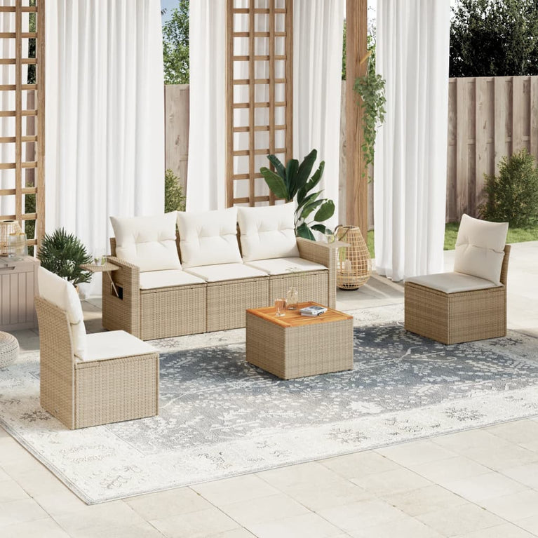 6-delige Loungeset met kussens poly rattan beige