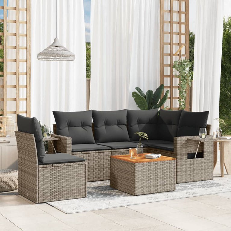 6-delige Loungeset met kussens poly rattan grijs