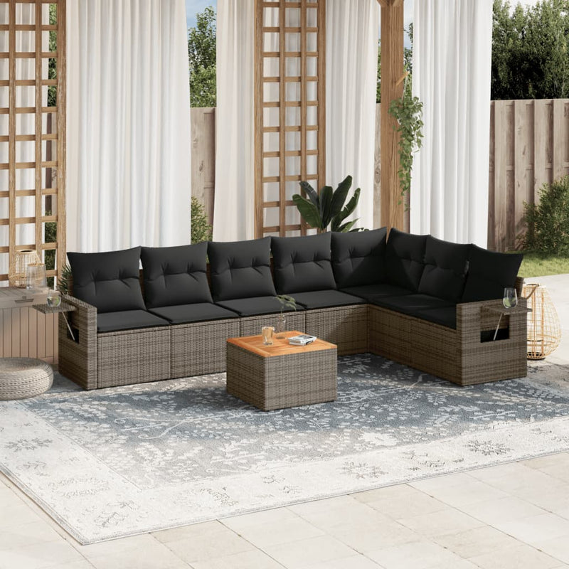 8-delige Loungeset met kussens poly rattan grijs