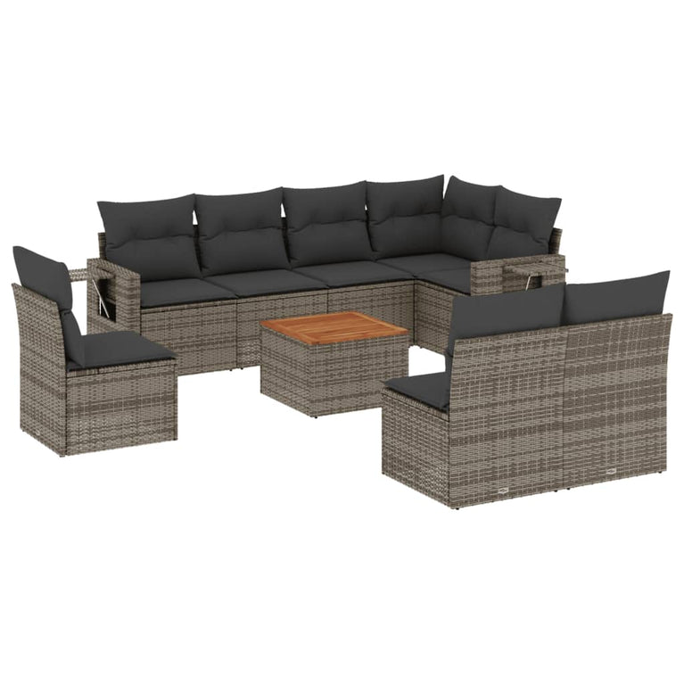 9-delige Loungeset met kussens poly rattan grijs