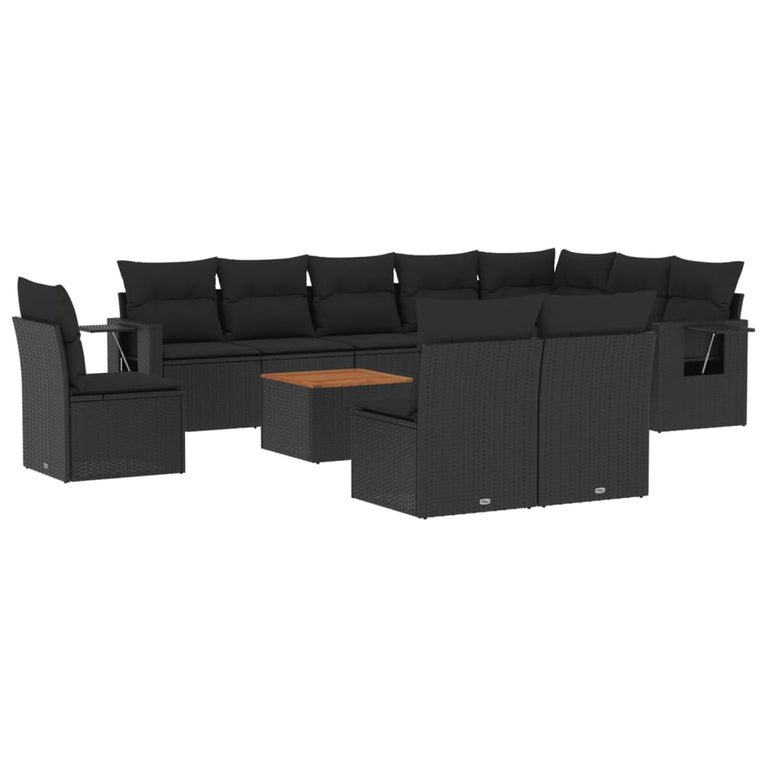 11-delige Loungeset met kussens poly rattan zwart