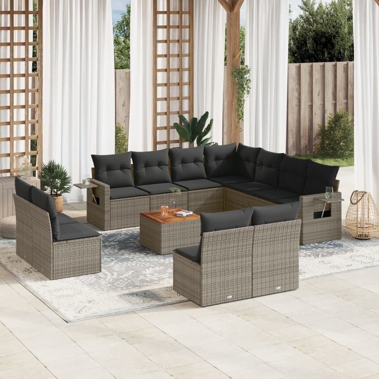 12-delige Loungeset met kussens poly rattan grijs