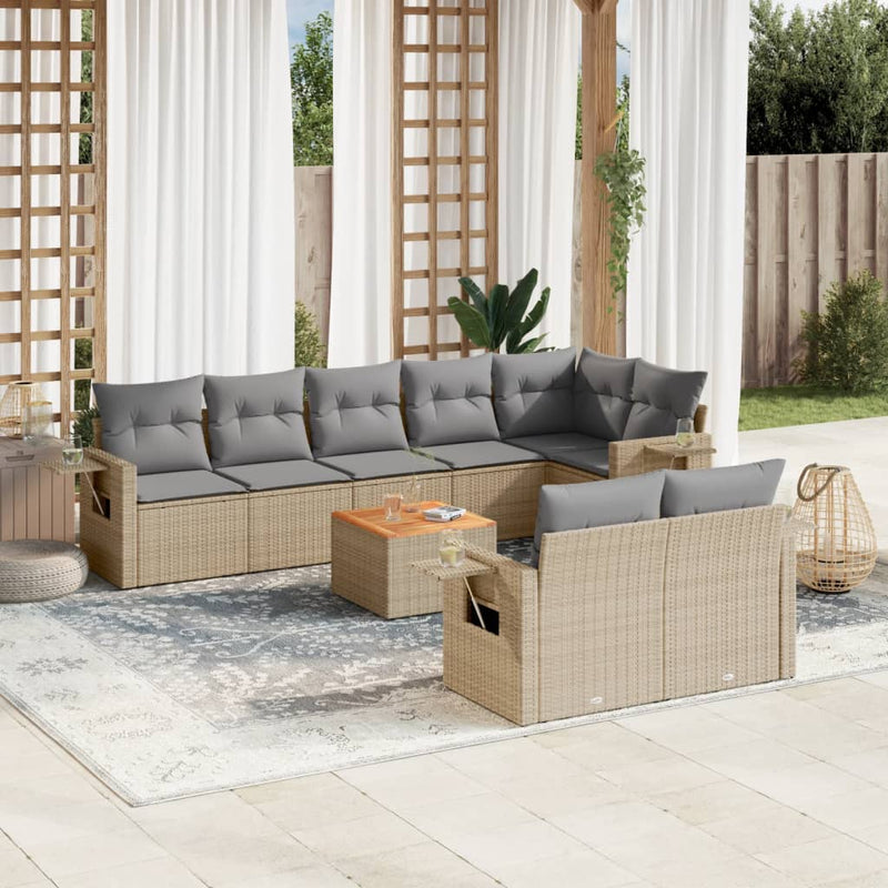 9-delige Loungeset met kussens poly rattan gemengd beige