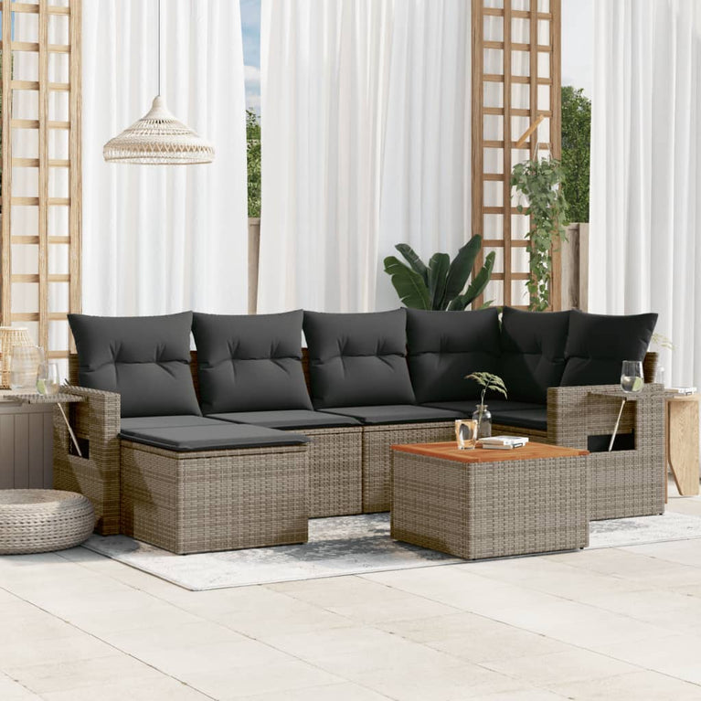 7-delige Loungeset met kussens poly rattan grijs