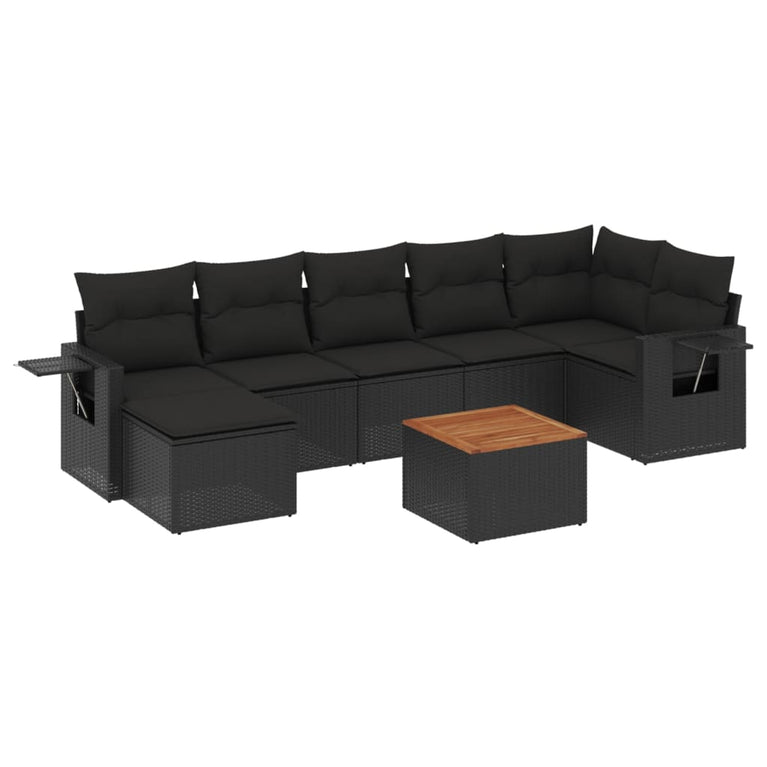 8-delige Loungeset met kussens poly rattan zwart