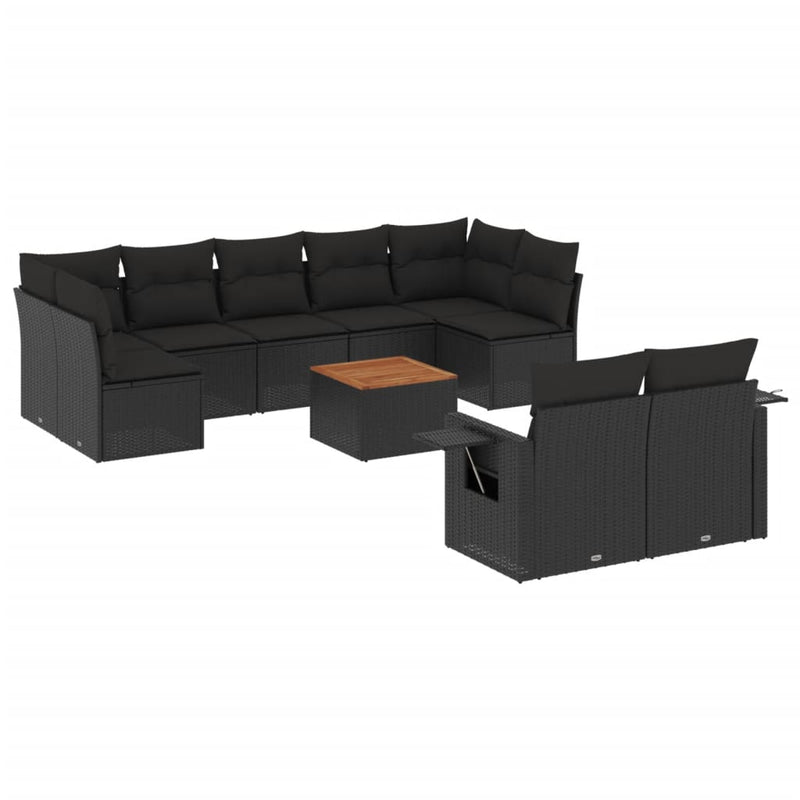 10-delige Loungeset met kussens poly rattan zwart