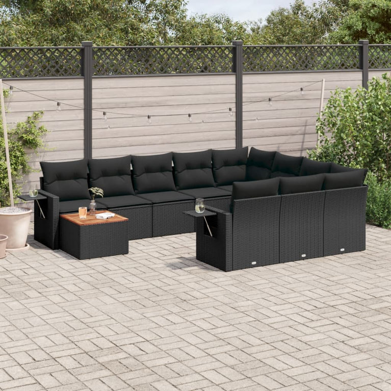 11-delige Loungeset met kussens poly rattan zwart
