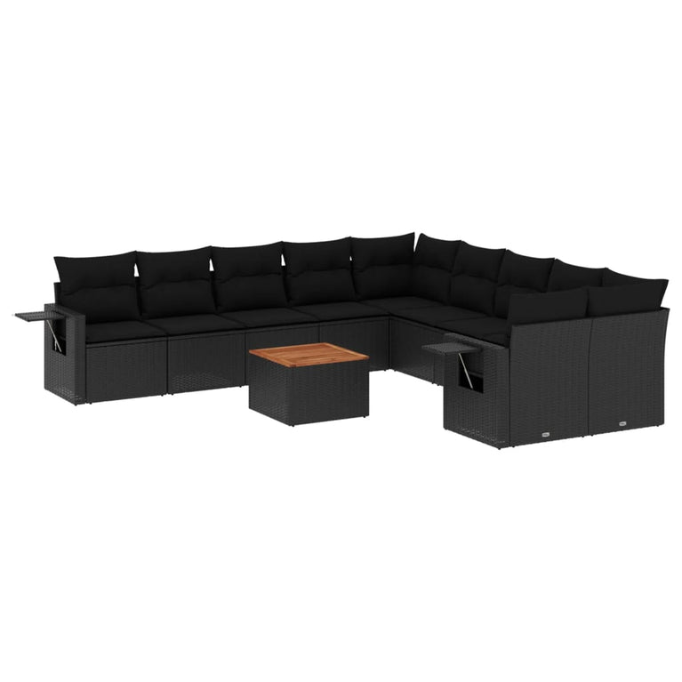 11-delige Loungeset met kussens poly rattan zwart