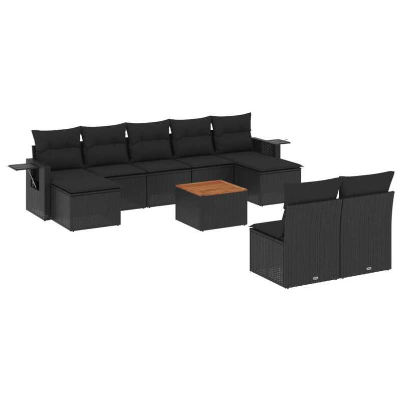 10-delige Loungeset met kussens poly rattan zwart