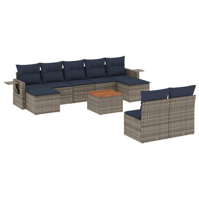 10-delige Loungeset met kussens poly rattan grijs