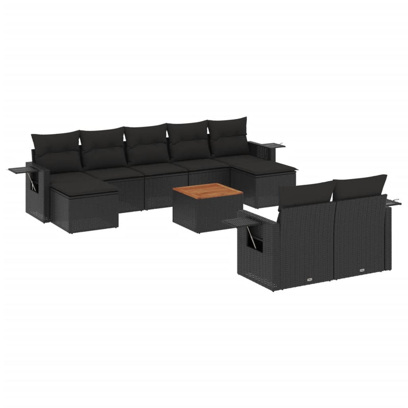 10-delige Loungeset met kussens poly rattan zwart