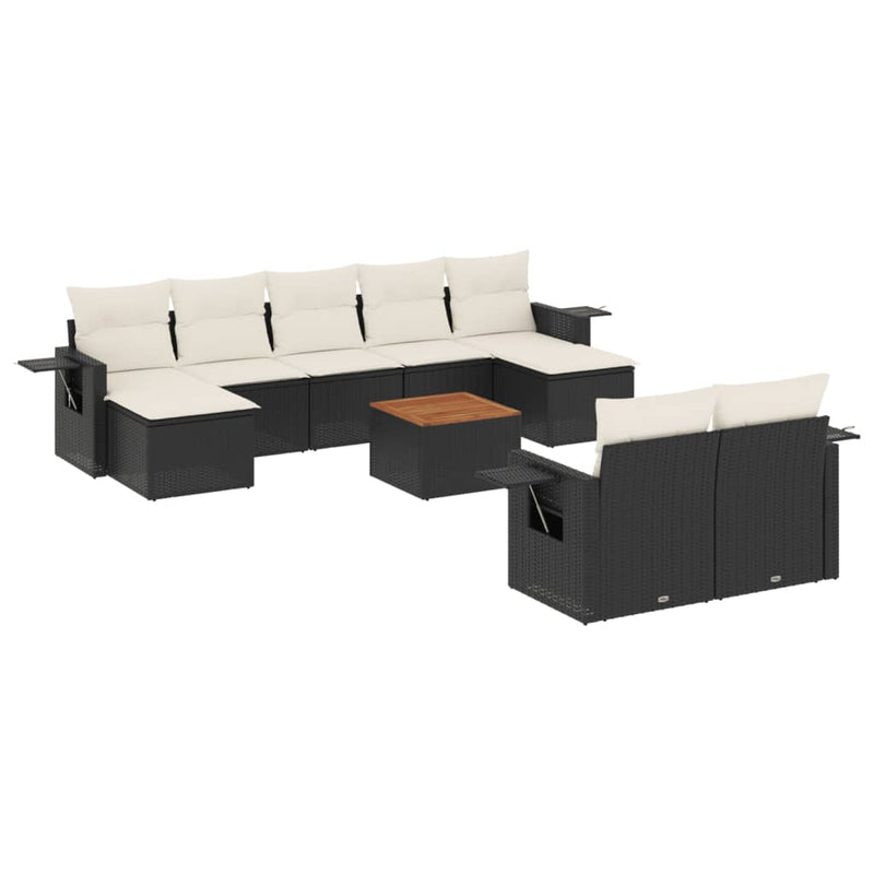 10-delige Loungeset met kussens poly rattan zwart