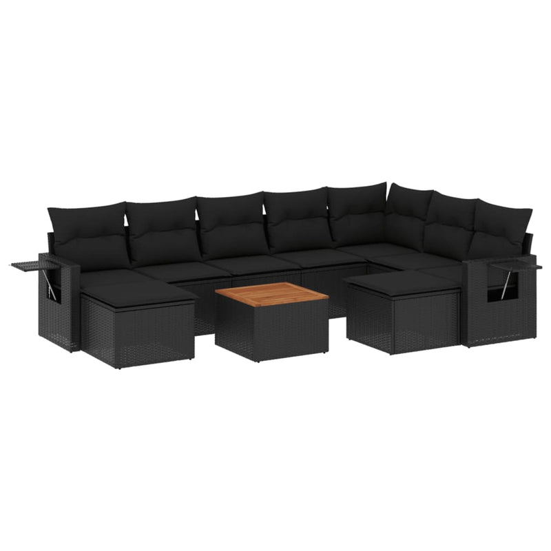 10-delige Loungeset met kussens poly rattan zwart
